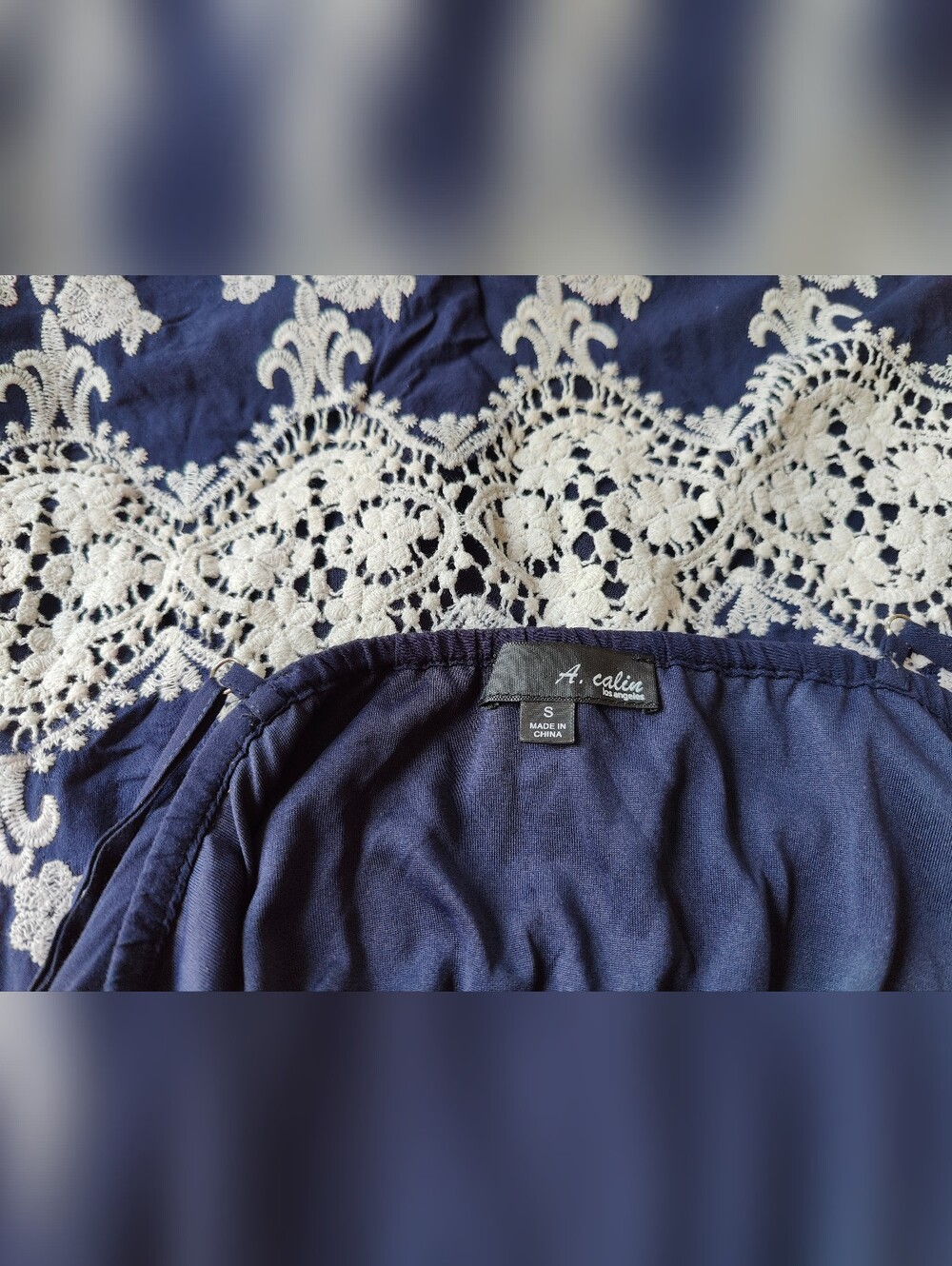 Vintage Y2K A. Calin Navy Blue Boho Embroidered Lace Trim Cami Sundress Size S - Picture 7 of 10
